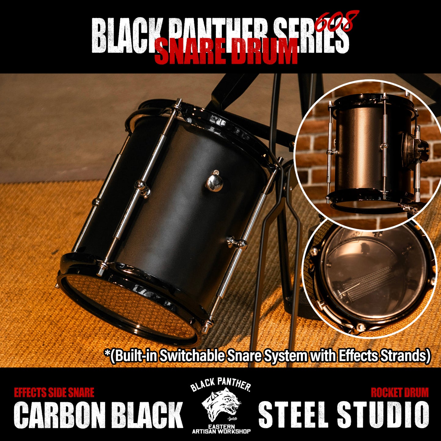 Black Panther Series-6" Carbon Black Steel Studio Effects Side Snare & Rocket Drum