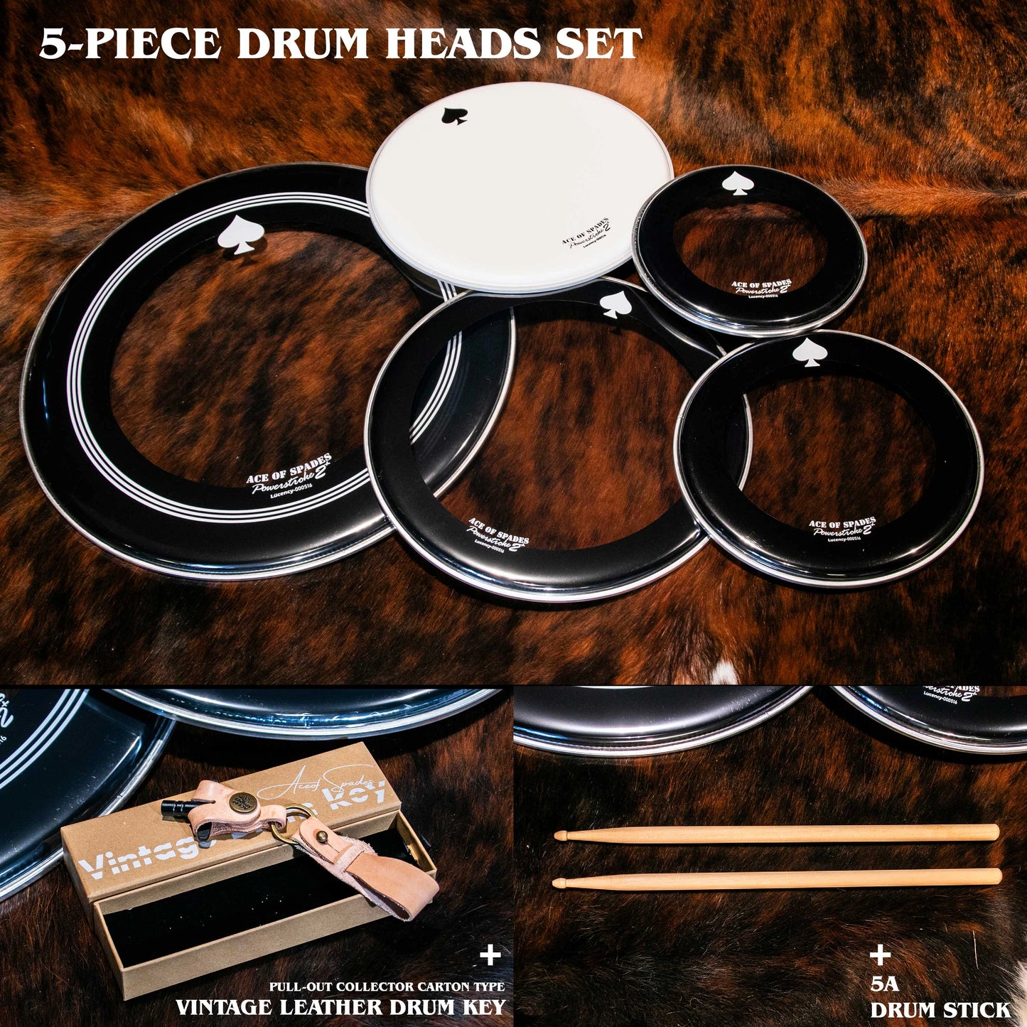ACE OF SPADES Drumhead Set –With 5A Drumsticks & Leather Drum Key