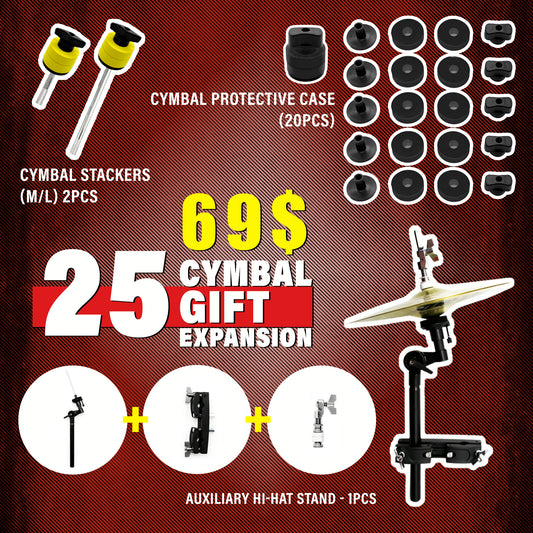 25pcs The "No More Stands" Kit （X-Hat Auxiliary Hi-Hat Boom Arm & Clamp 3pcs +Cymbal Felt 20pcs+M/L Cymbal stacker 2pcs）