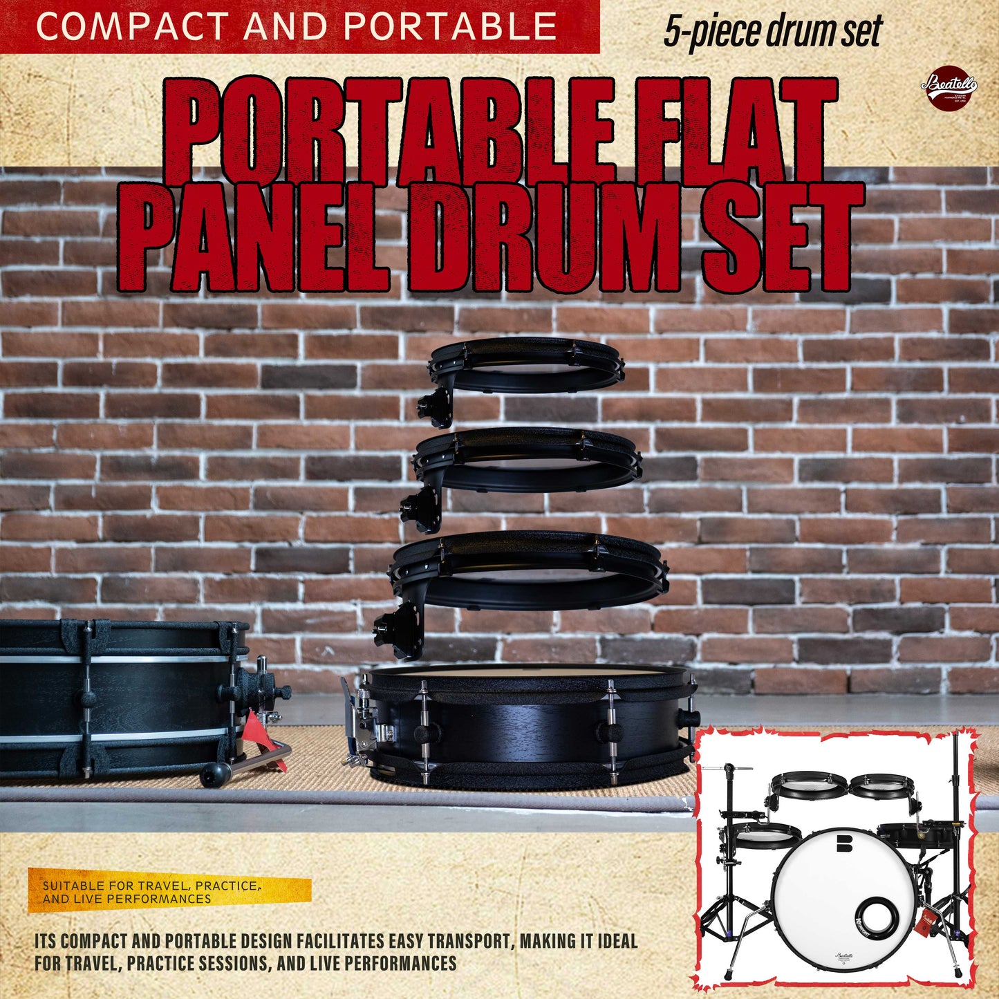 Beatello-Ultra Portable Drum Set| 1.5" Thin Shells