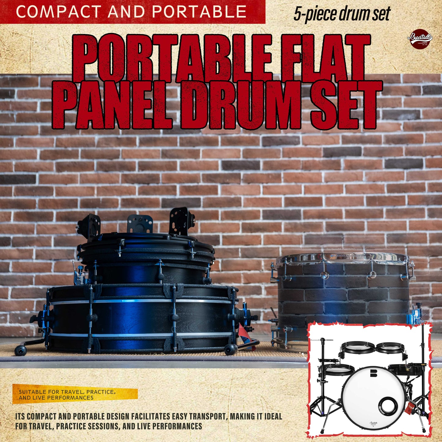 Beatello-Ultra Portable Drum Set| 1.5" Thin Shells