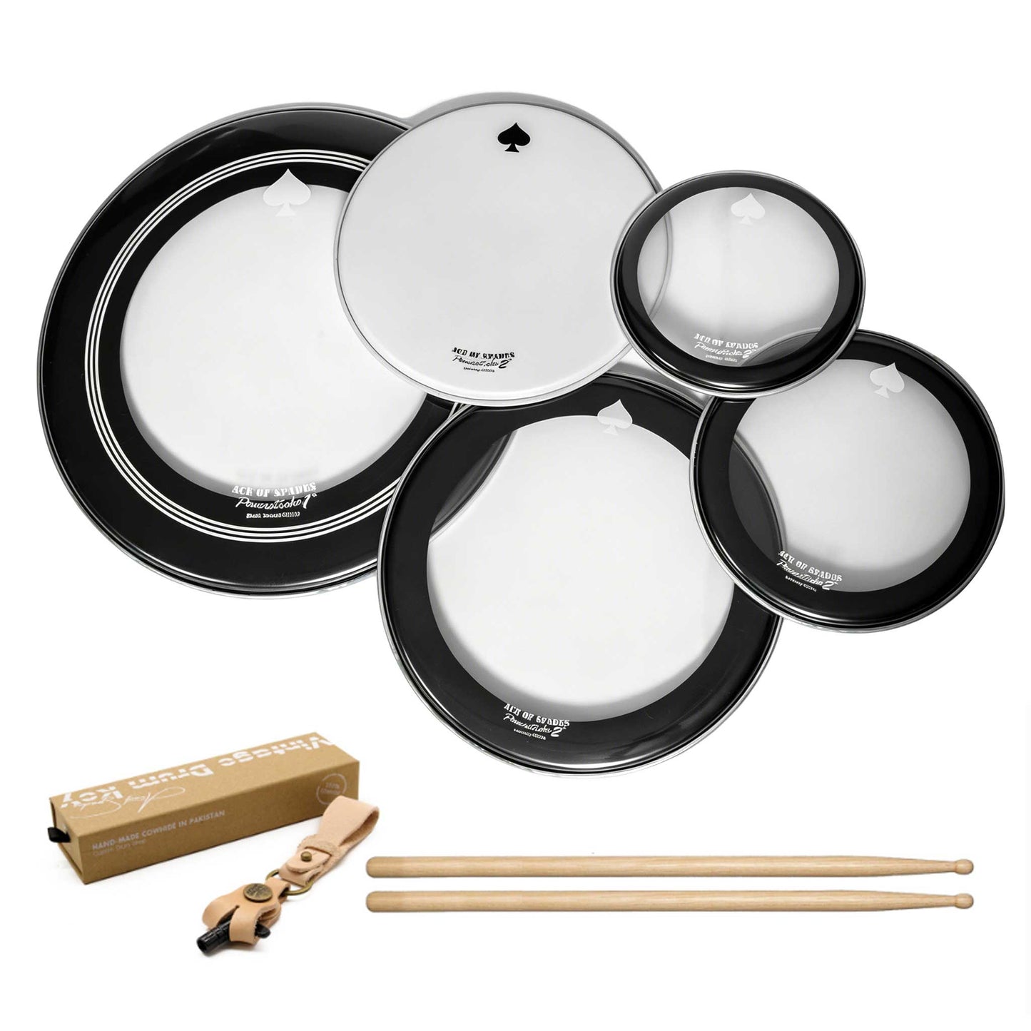 Beatello ACE OF SPADES Drumhead Set –With 5A Drumsticks & Leather Drum Key | Professional Resonance Control