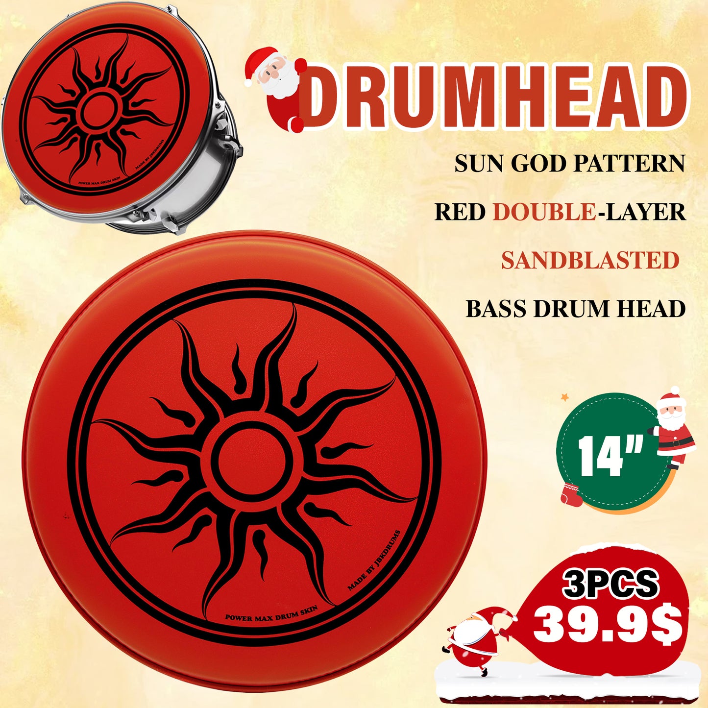 Sun God Pattern 14 In Snare Drum Head 3pcs