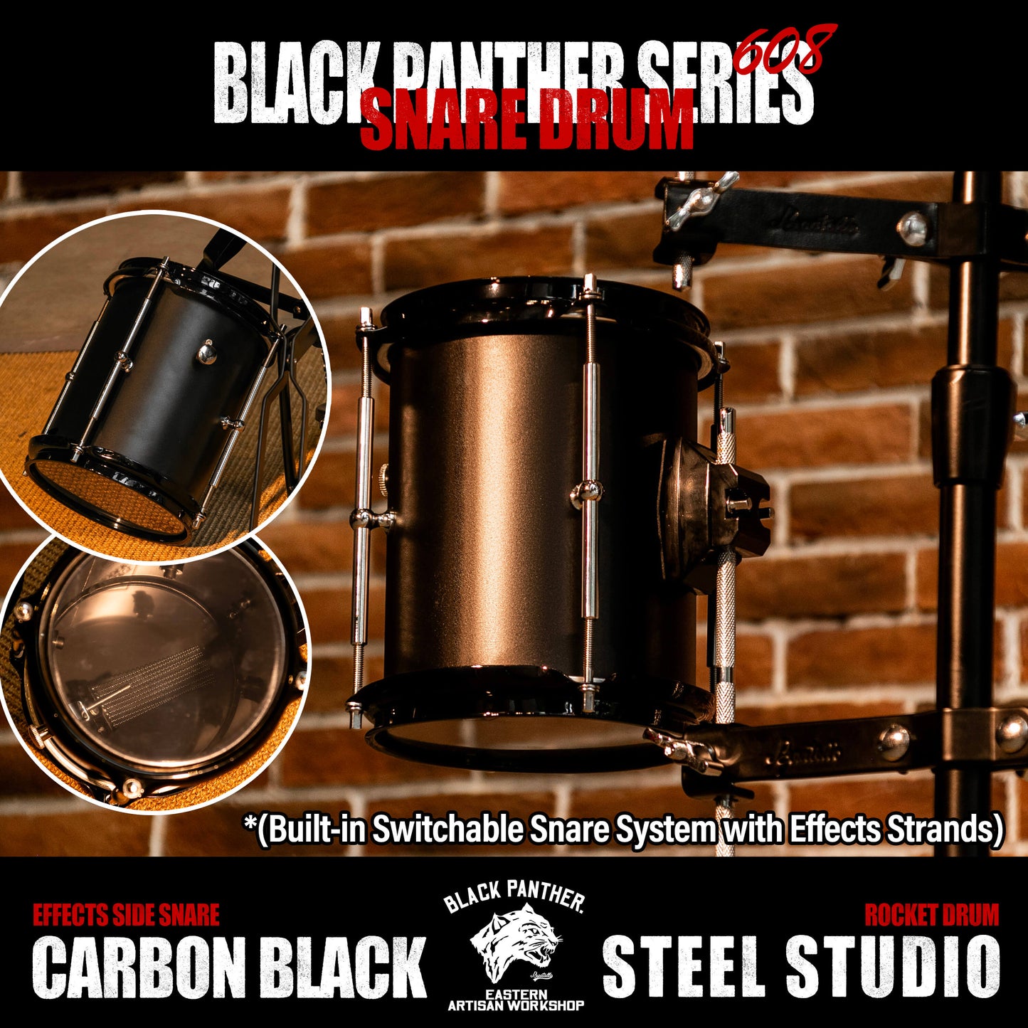Black Panther Series-6" Carbon Black Steel Studio Effects Side Snare & Rocket Drum