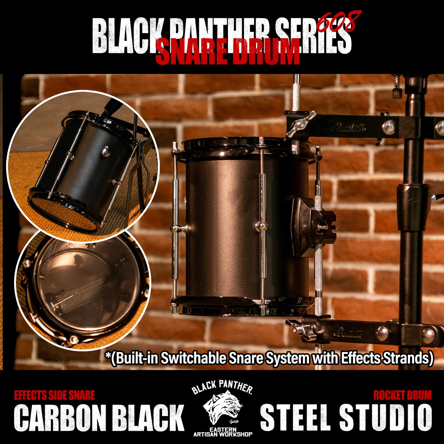 Black Panther Series-6" Carbon Black Steel Studio Effects Side Snare & Rocket Drum