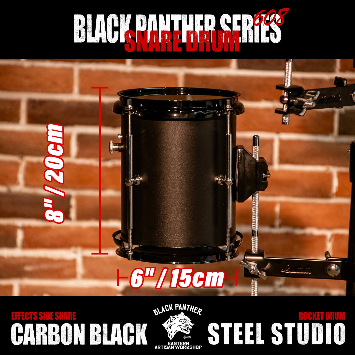 Black Panther Series-6" Carbon Black Steel Studio Effects Side Snare & Rocket Drum