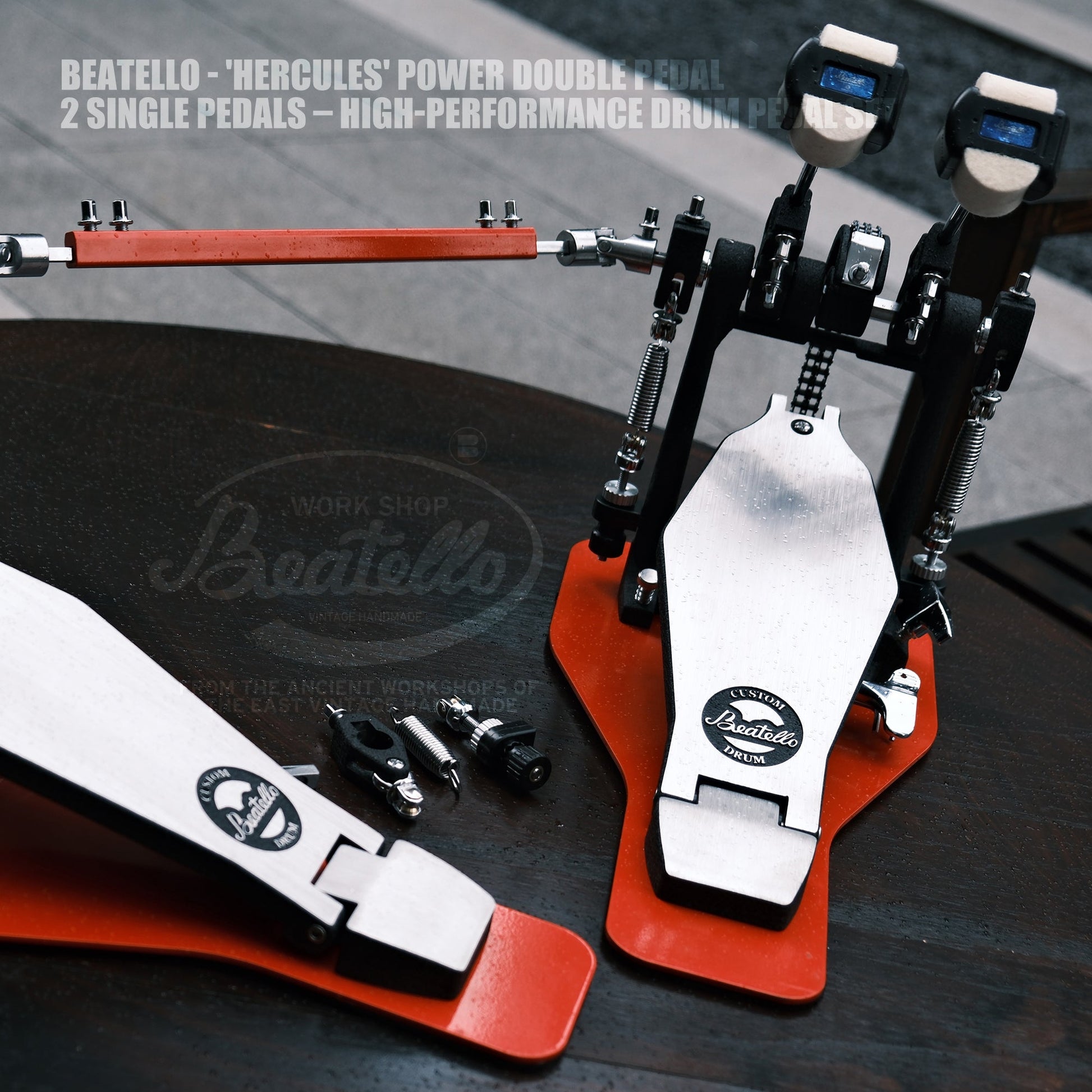 Beatello 'Hercules' Power Double Pedal & 2 Single Pedals Beatello workshop