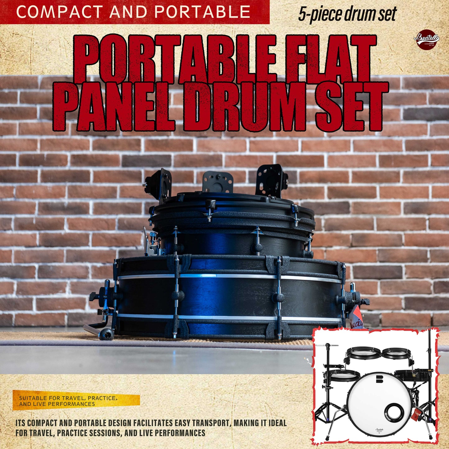 Beatello-Ultra Portable Drum Set| 1.5" Thin Shells