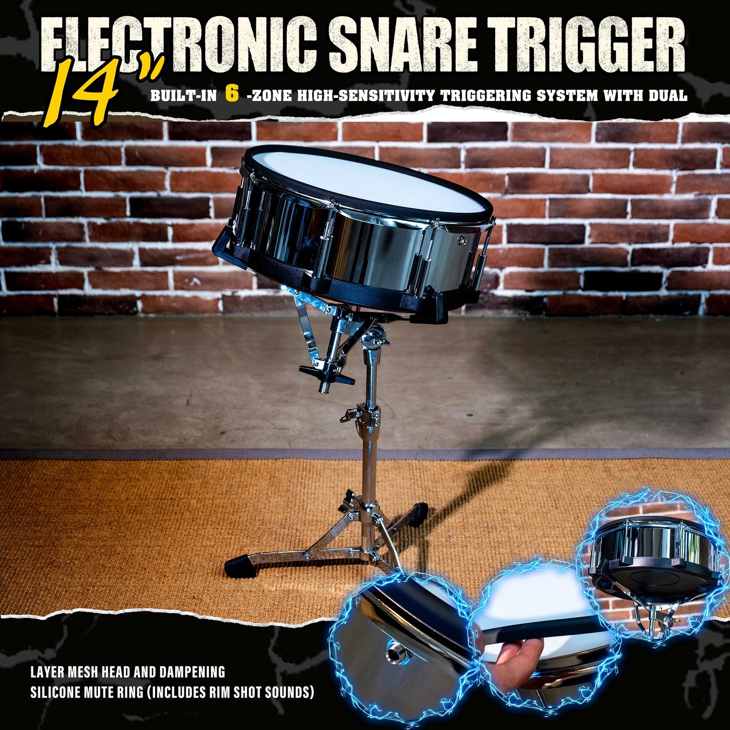 Beatello 14" Electronic Snare Pad | 6-Point Multi-Sensor Trigger & Dual-Ply Mesh Head