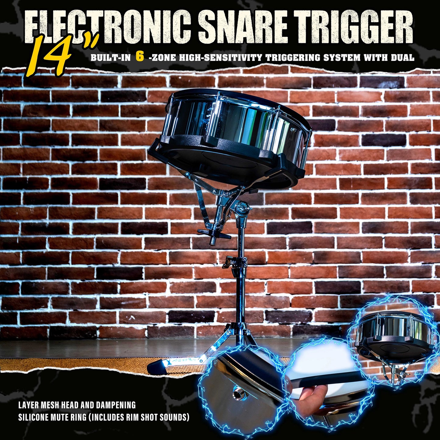 Beatello 14" Electronic Snare Pad | 6-Point Multi-Sensor Trigger & Dual-Ply Mesh Head