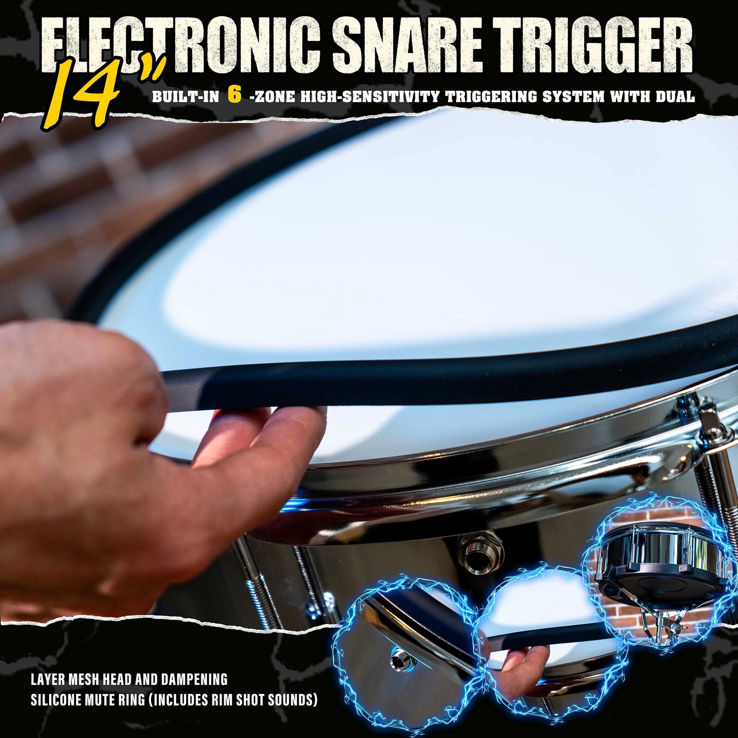 Beatello 14" Electronic Snare Pad | 6-Point Multi-Sensor Trigger & Dual-Ply Mesh Head