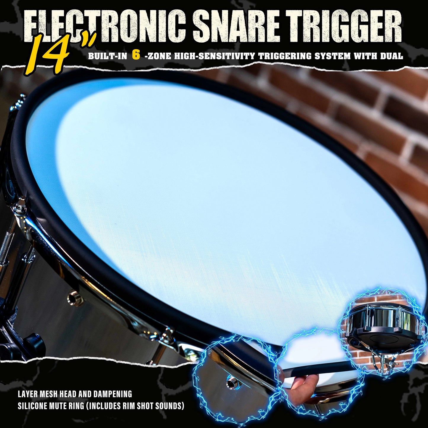 Beatello 14" Electronic Snare Pad | 6-Point Multi-Sensor Trigger & Dual-Ply Mesh Head