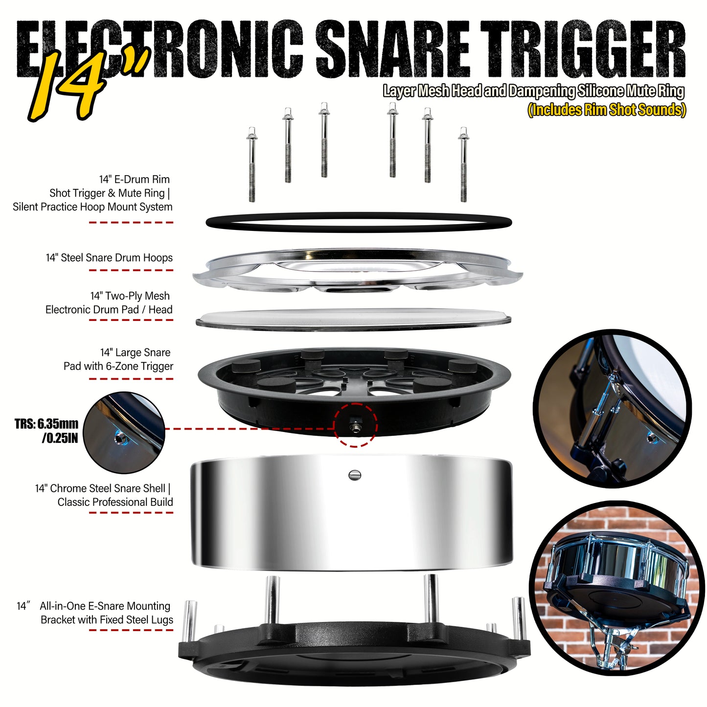 Beatello 14" Electronic Snare Pad | 6-Point Multi-Sensor Trigger & Dual-Ply Mesh Head